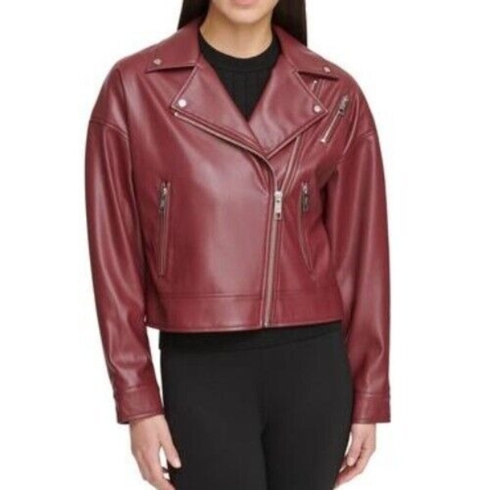 DKNY Moto Jacket Womens‎ XS Red Cabernet Motorcycle Collared Asymmetric Zip Up